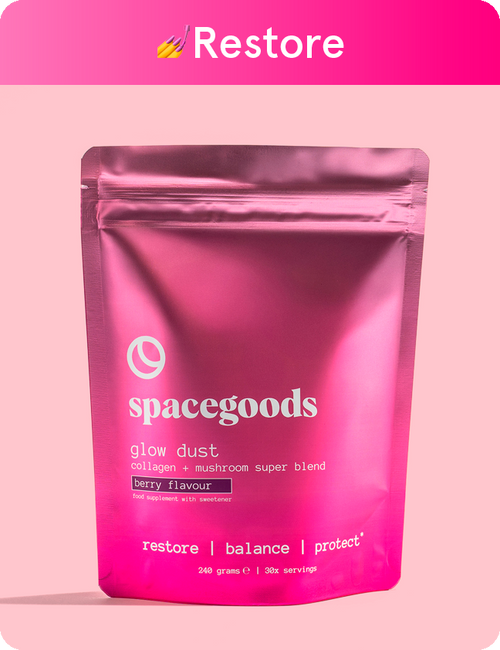 1 bag of Spacegoods glow dust on a pink background