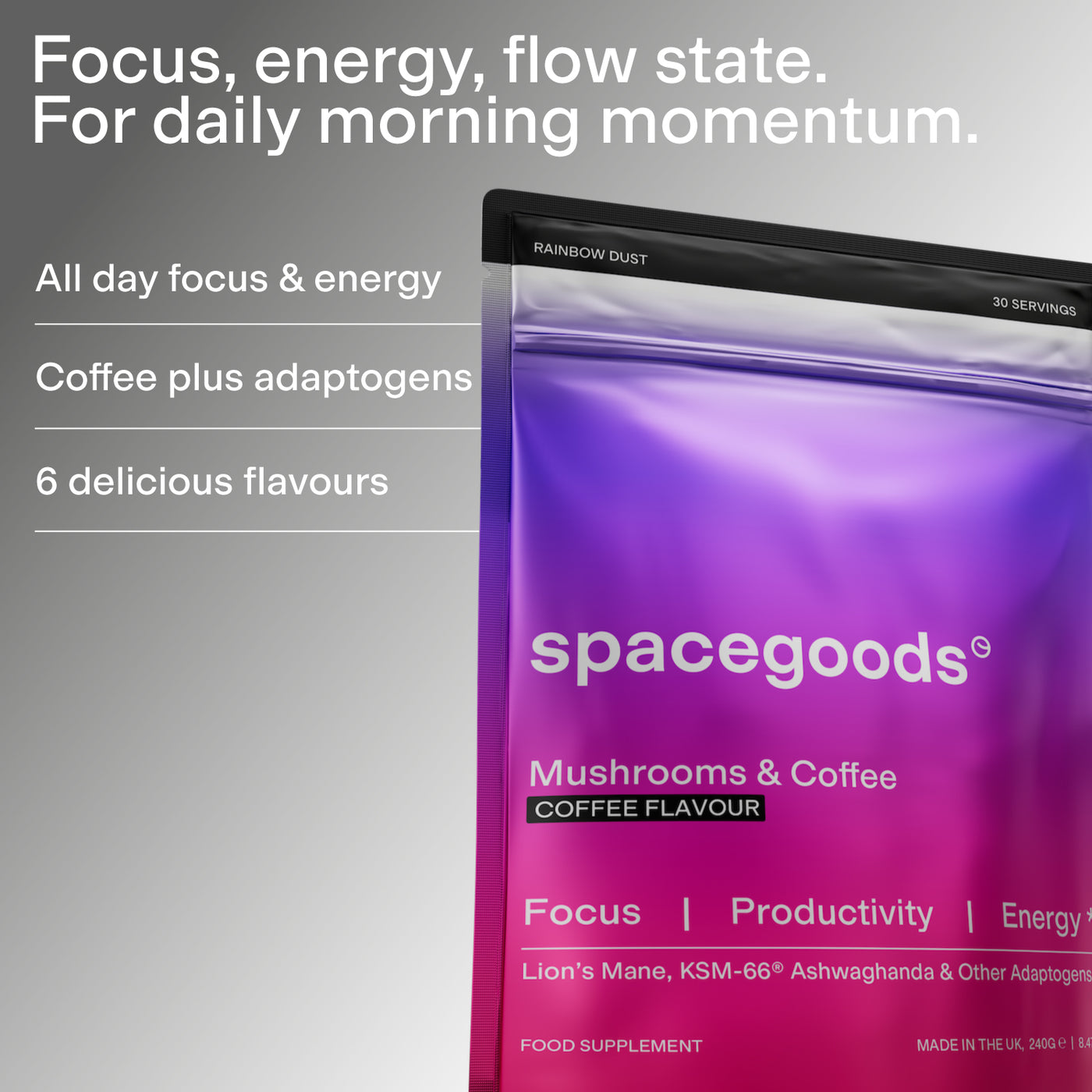 Rainbow Dust coffee-flavour pouches on a grey background.