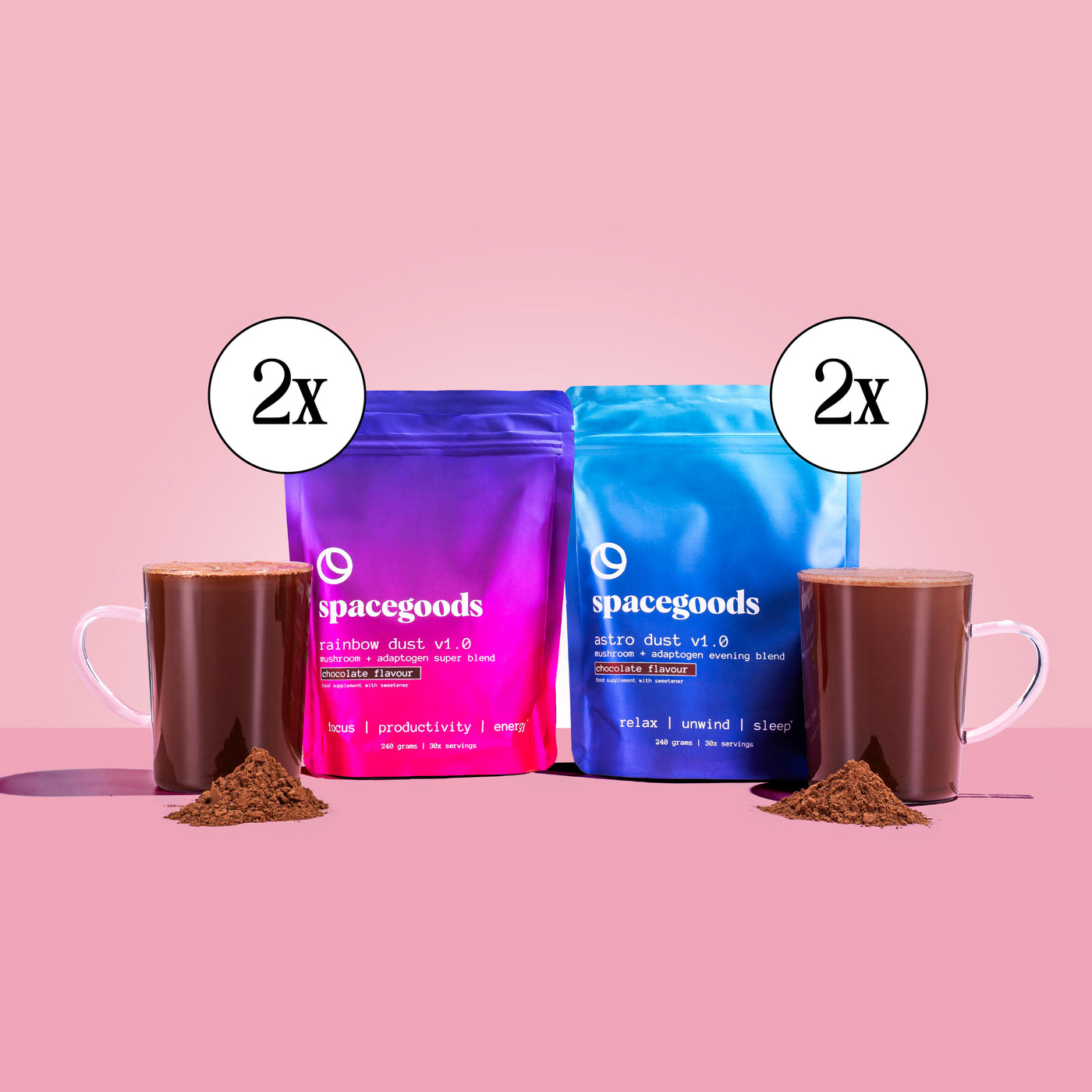 Day and night combo set with 2x callouts: rainbow-toned purple/blue pouches, two mugs, brown scoops.