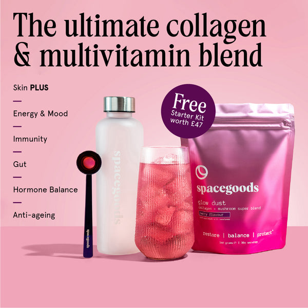 Spacegoods Glow Dust ultimate collagen and multivitamin blend on a pink background