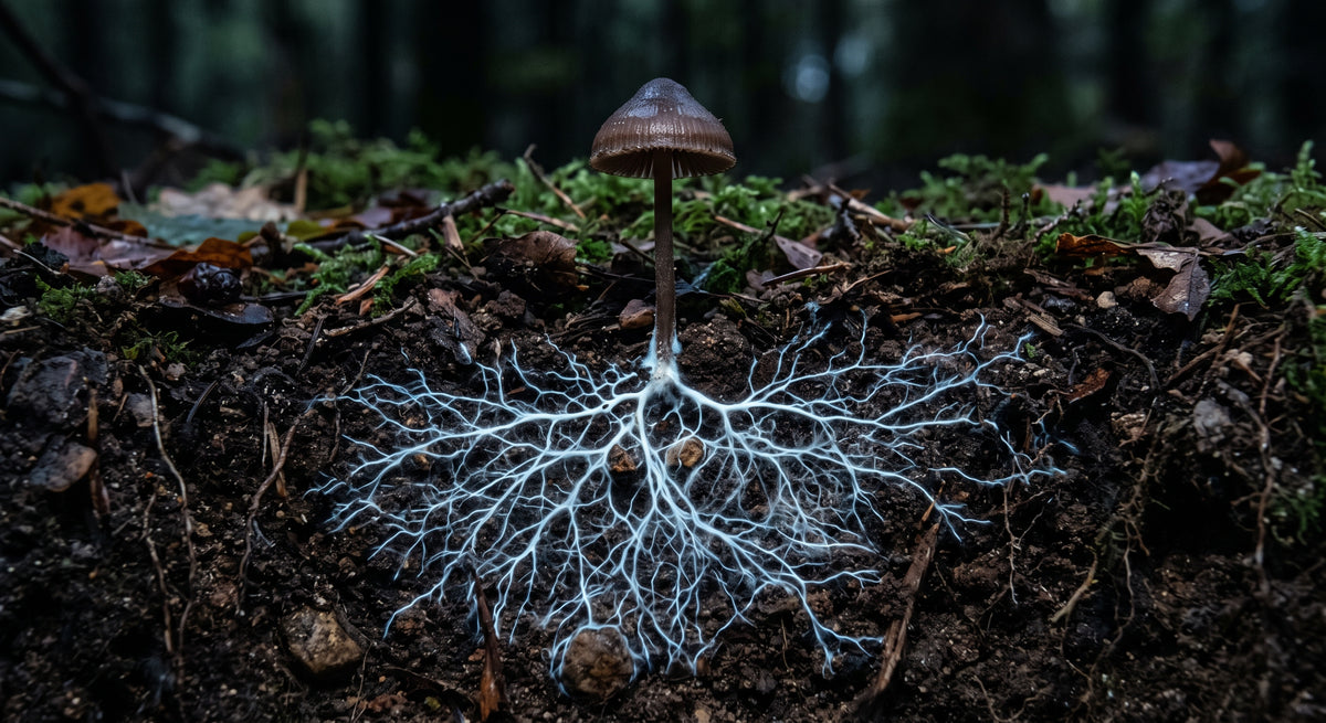 A mushroom's fruiting body above ground and its mycelium network below