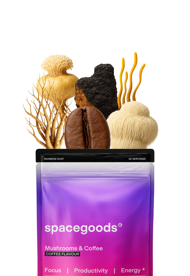 Rainbow Dust pouch surrounded by functional mushrooms and coffee